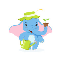 Cute baby elephant gardener, funny jungle animal character standing with watering can and flower pot vector Illustration