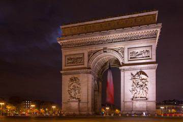 Paris Arc de Triomphe Triumphal Arch at Chaps Elysees at night, Paris