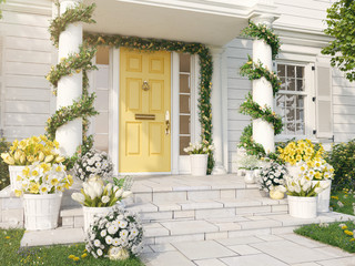 Fototapeta na wymiar spring decorated porch with a lot of flowers. 3d rendering