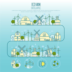 Ecology farm infographic. Vector template with thin line icons of eco farm technology, sustainability of local environment, town ecology saving