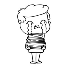 cartoon man crying over stack of books
