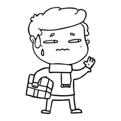 cartoon anxious man with christmas gift
