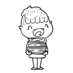 cartoon happy boy with new books