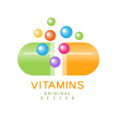 Vitamins logo template original design, pharmacy label, health care colorful vector Illustration