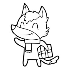 friendly cartoon wolf with present