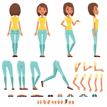 Young woman character creation set, girl with various views, hairstyles, poses and gestures cartoon vector Illustrations