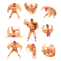 Set of professional muscular wrestler in different actions. Mixed martial artist. Combat sport. Strong man character in mask and sports shorts. Flat vector design