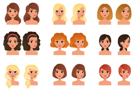 Collection of beautiful young girls with different hairstyles and colors shades long, short, medium, curly, blond, red, black, brunette. Flat vector avatars for mobile game