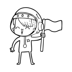 happy cartoon space girl holding flag