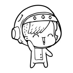 cartoon happy astronaut girl waving