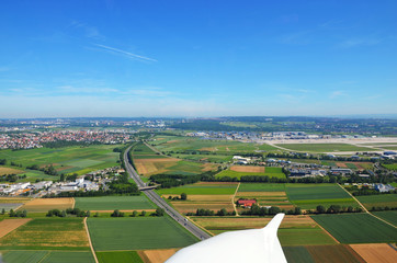 Aerial view of Stuttgart area with Stuttgart Airport (STR) on a sunny day