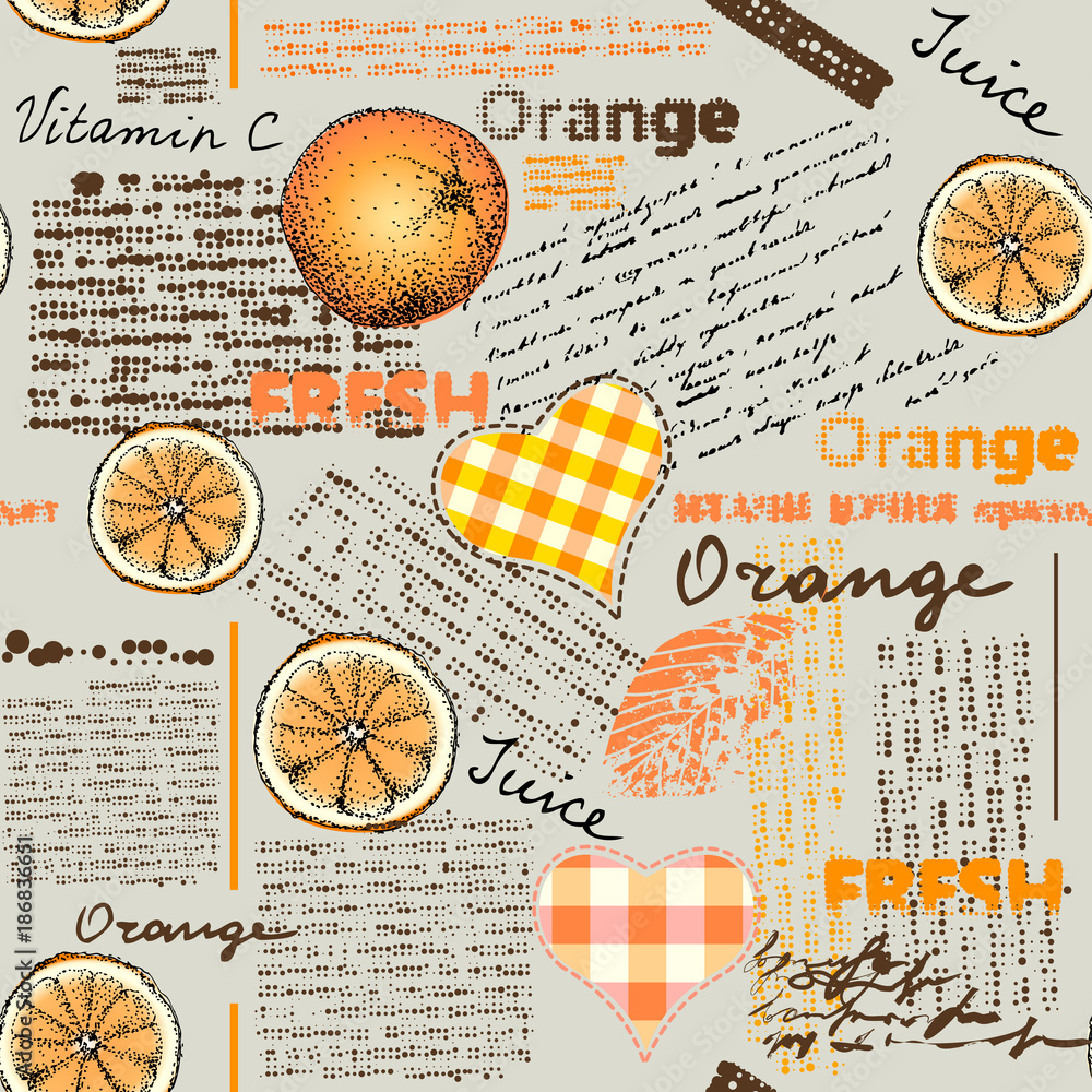 Aufkleber seamless background pattern. imitation of halftone newspaper with citrus and oranges.