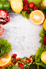 Fruits and vegetables frame. Copy space. Vegan. Clear food.