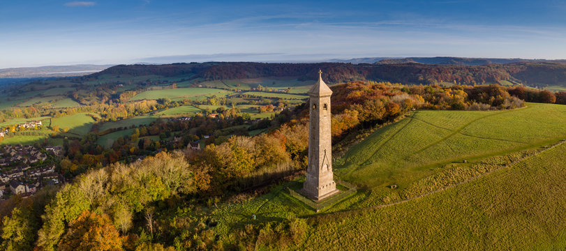 An aerial view of the Tyndale Monument in the autumn, Wotton Under Edge, Gloucestershire.