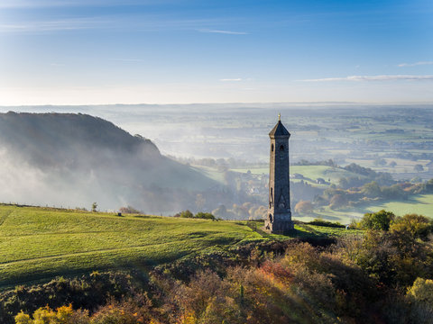 An aerial view of the Tyndale Monument in the autumn, Wotton Under Edge, Gloucestershire.