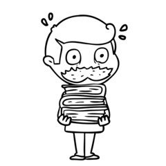 cartoon man with mustache and books