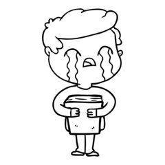 cartoon man crying holding book