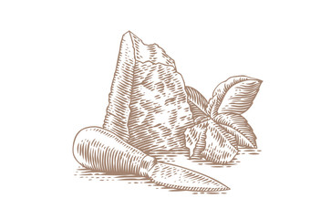 Piece and crumbles of hard cheese