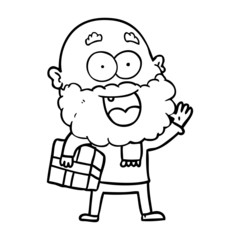 cartoon crazy happy man with beard and gift under arm