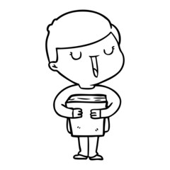 cartoon happy boy talking about his book