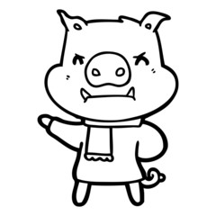 angry cartoon pig in winter clothes