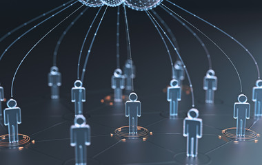 People of the world interconnected through the shared computer processing resources and data to computers, cloud computing. 3D illustration.