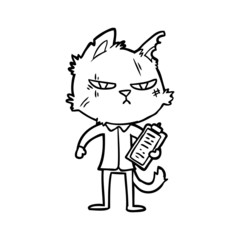 tough cartoon cat with clipboard