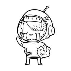 cartoon crying astronaut girl carrying rock sample
