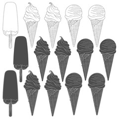 Set of black and white illustrations with ice cream. Isolated vector objects on white background.