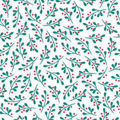Christmas seamless pattern with mistletoe and berry
