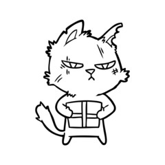 tough cartoon cat with christmas present