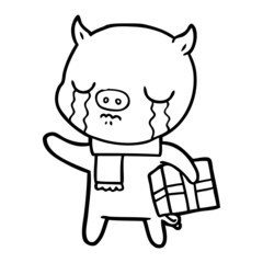 cartoon pig crying over christmas present