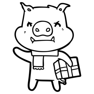 angry cartoon pig with christmas gift