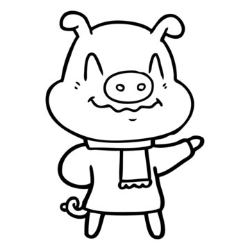 nervous cartoon pig wearing scarf