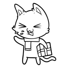 cartoon hissing cat with christmas present