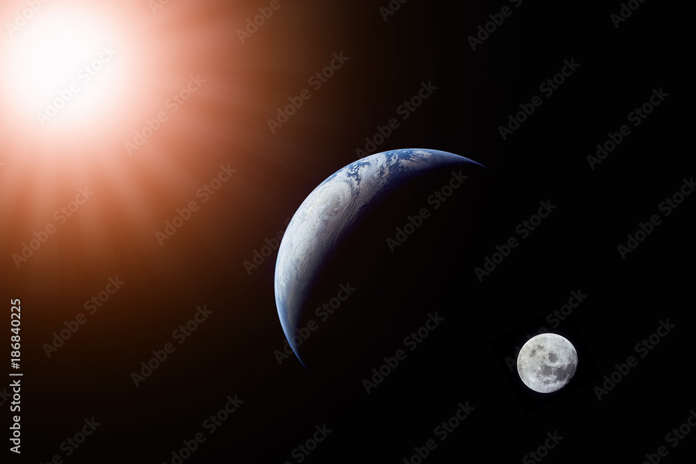Wall mural landscape image of sun, earth and moon view from space. (elements of this image furnished by nasa)