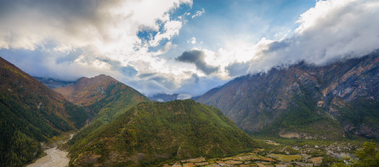 Fototapeta na wymiar Panorama of mountains in Pisang, Nepal.