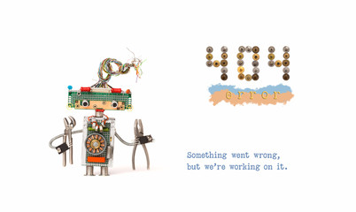 404 error page not found. Handyman robot with pliers on white background. Text message Something...