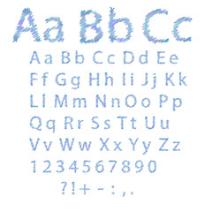 hand drawn alphabet blue color on white background. Bold capital letters.