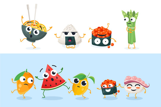 Funny sushi and fruit characters - set of vector isolated illustrations
