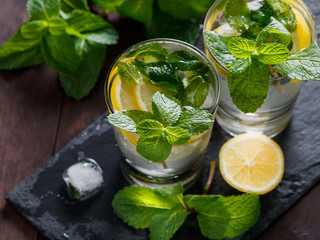 View from above on two glasses with reshness cold lemonade.