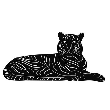 vector, isolated silhouette of a tiger lies