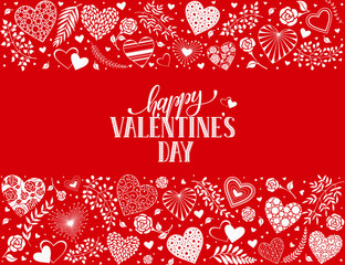 Fototapeta premium Happy Valentines Day greeting card with horisontal frame from hearts and floral elements. Romantic hearts in horisontal composition with calligraphic phrase on red background.