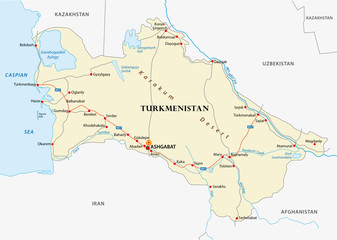 turkmenistan road vector map with important cities - obrazy, fototapety, plakaty