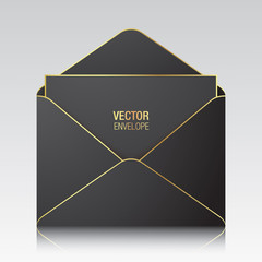 Black vector envelope template. Black opened envelope with golden elements standing on a white background. Realistic mockup.