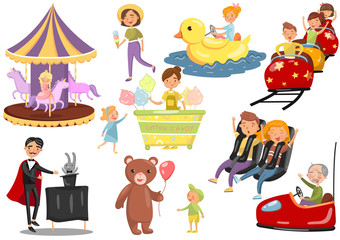 Obraz na płótnie Canvas Happy people having fun in amusement park set, carousel, ferris wheel, roller coaster, car, magician cartoon vector Illustrations