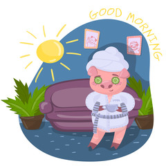 Funny piggy on the green lawn, cute pig character during morning procedures, vector illustration in cartoon style, design element for poster or banner