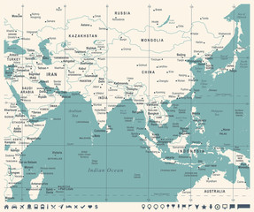 Southern Asia Map - Vintage Vector Illustration