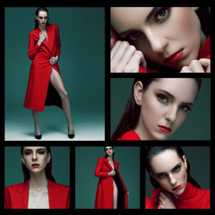 Collage fashion model wearing red long coat