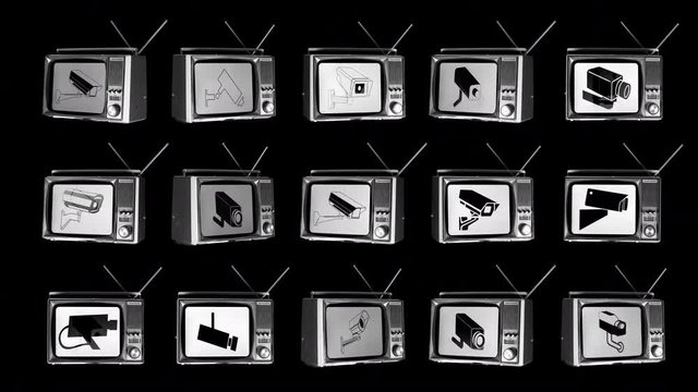 multiple surveillance televisions rotating in space with sequence of cctv camera on the screens
